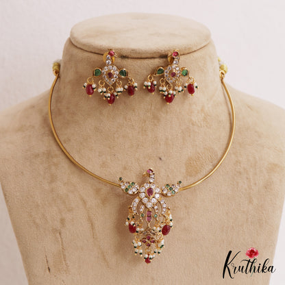 Trendy AD Peacock Motifs Jadau Hasli Necklace With Bead Drops NC2751 (Available in 3 Colors)