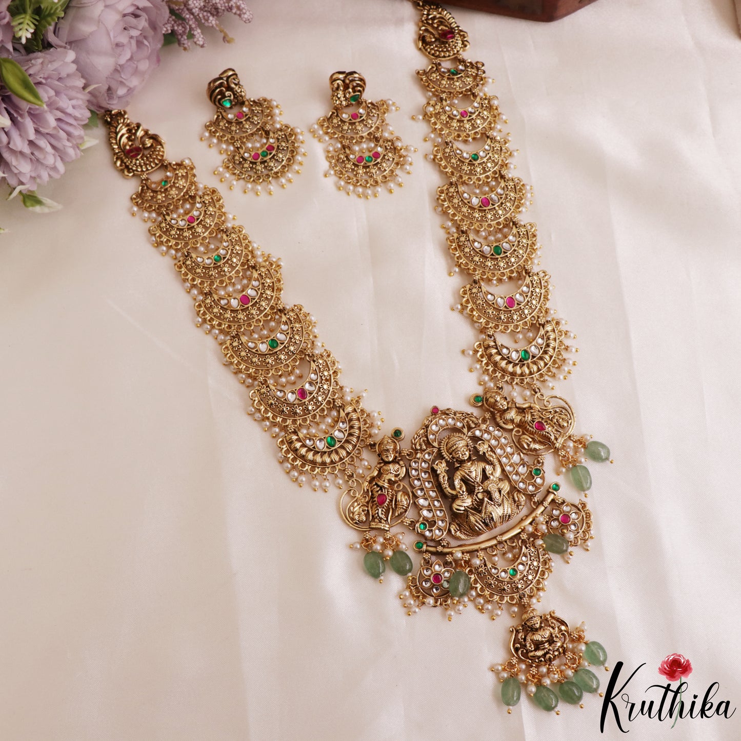 Gorgeous Antique Nagas Lakshmi Motifs Temple Haaram With Green Bead Drops LH2212