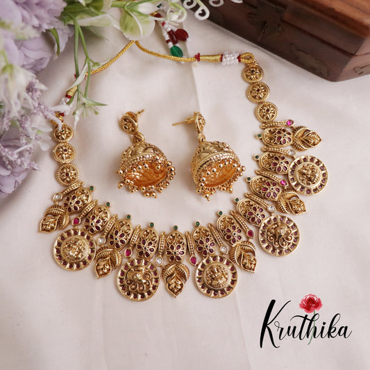 Elegant Lakshmi with Peacock Design Coin Jadau Necklace Set NC2035