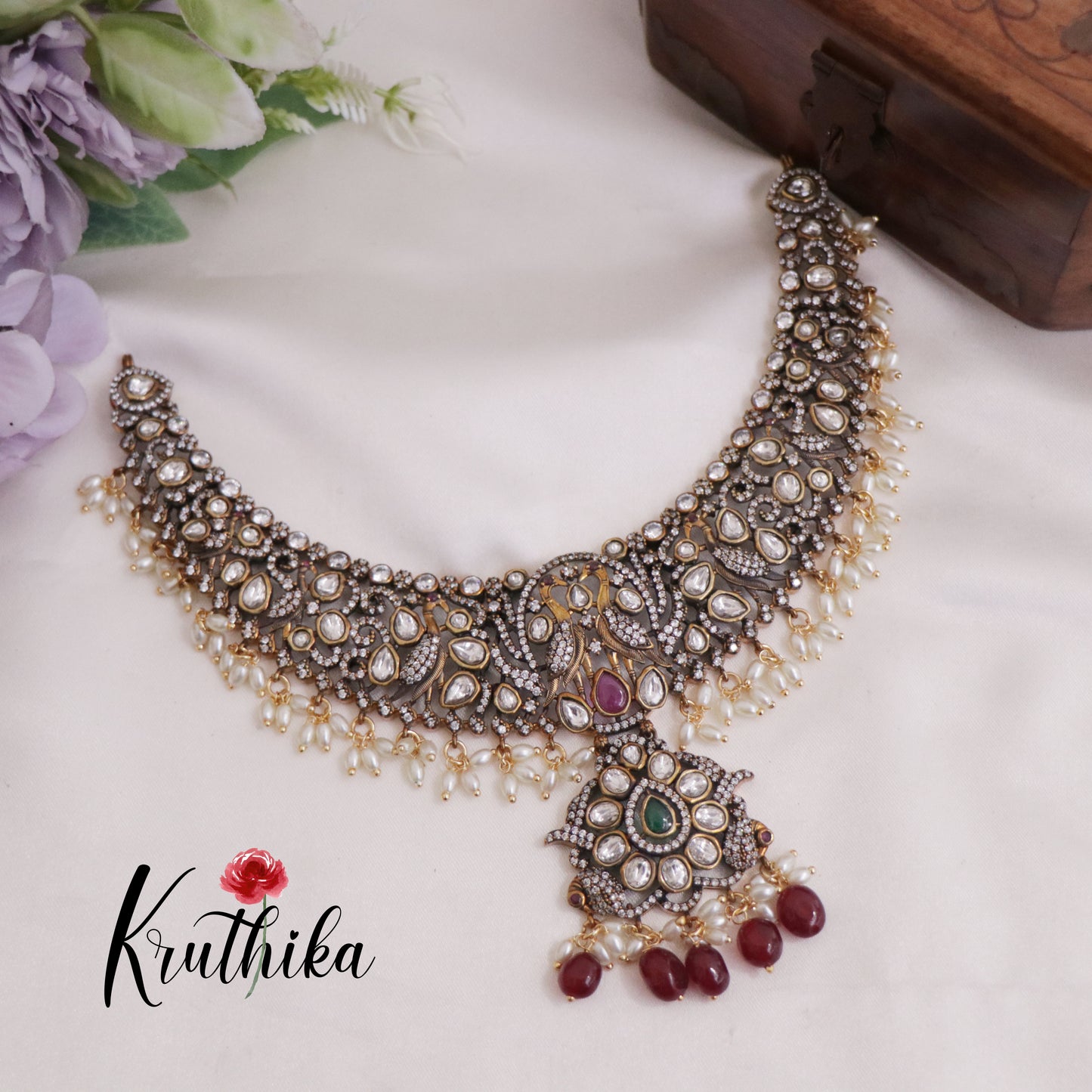 Trendy Antique Victorian Finish Kundan Peacock Necklace NC2366