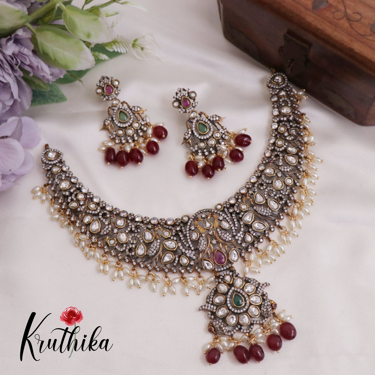 Trendy Antique Victorian Finish Kundan Peacock Necklace NC2366