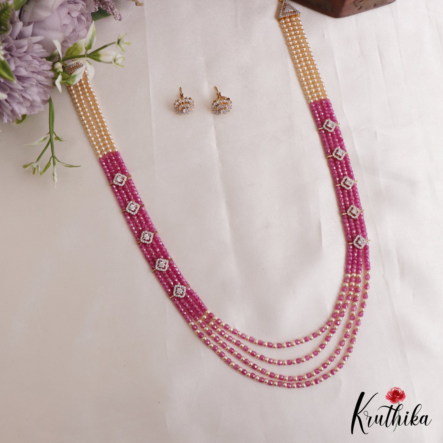 Trendy Multi Layered Crystal & Pearl Haaram With Floral Accents LH2129 (Available In 4 Colors)