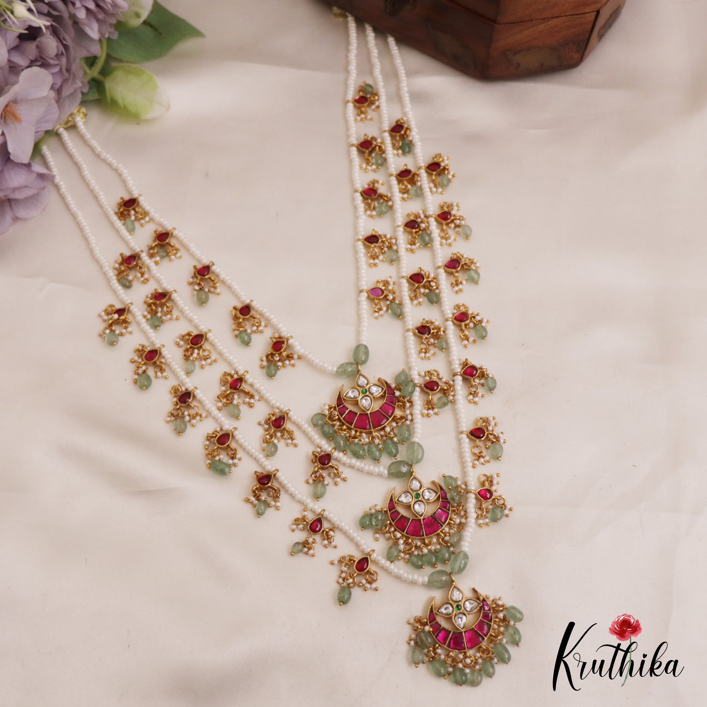 Stunning Floral Chandbali Pendant With Multi Pearl Strand Jadau Haaram LH2057