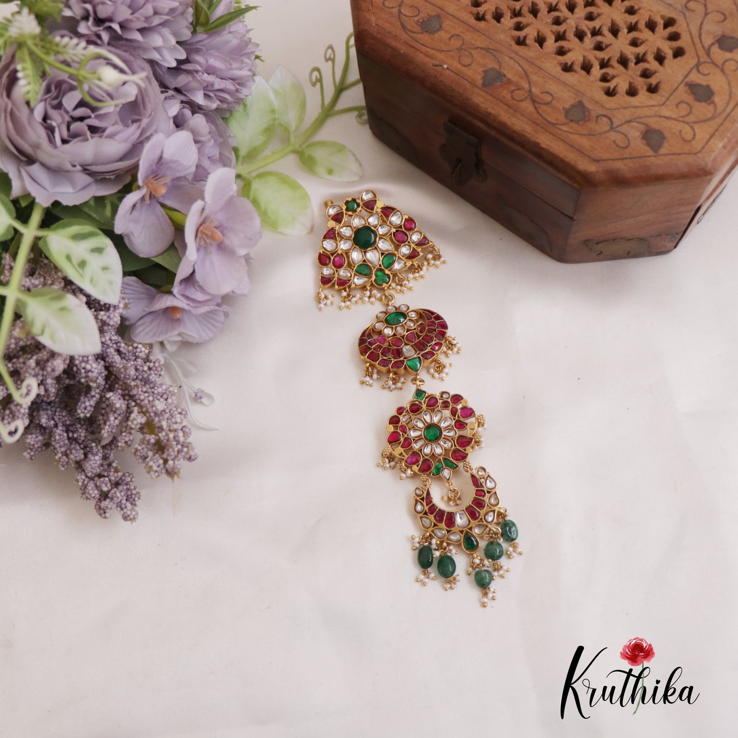 Stunning Floral Jadau Jada Billa With Green Bead Drops J328