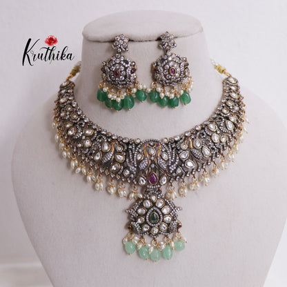 Trendy Antique Victorian Finish Kundan Peacock Necklace NC2366