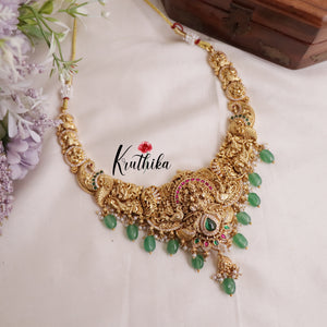 Grand Traditional Temple Lakshmi and Peacock Design Jadau Necklace NC2016 (Available in 2 Colours Beads)