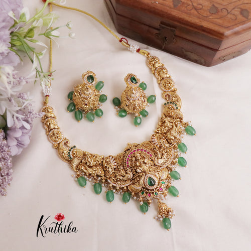 Grand Traditional Temple Lakshmi and Peacock Design Jadau Necklace NC2016 (Available in 2 Colours Beads)