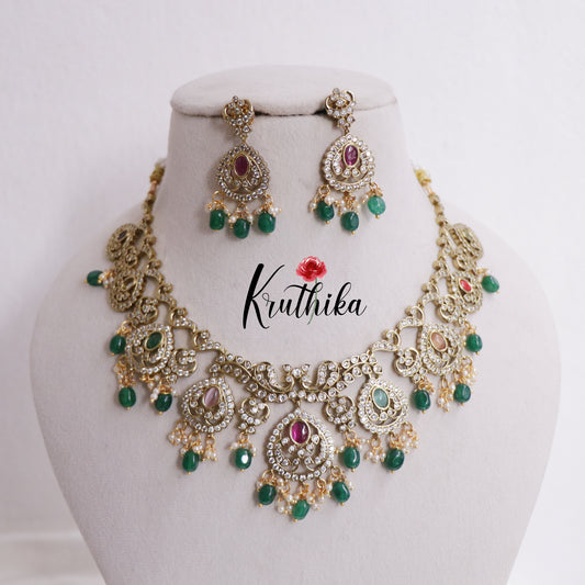 Simple Victorian Finish Kundan Necklace with Green Beads NC2368