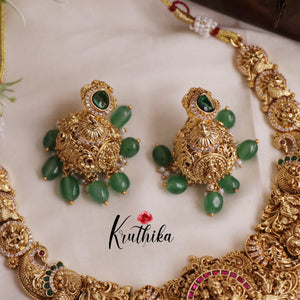 Grand Traditional Temple Lakshmi and Peacock Design Jadau Necklace NC2016 (Available in 2 Colours Beads)
