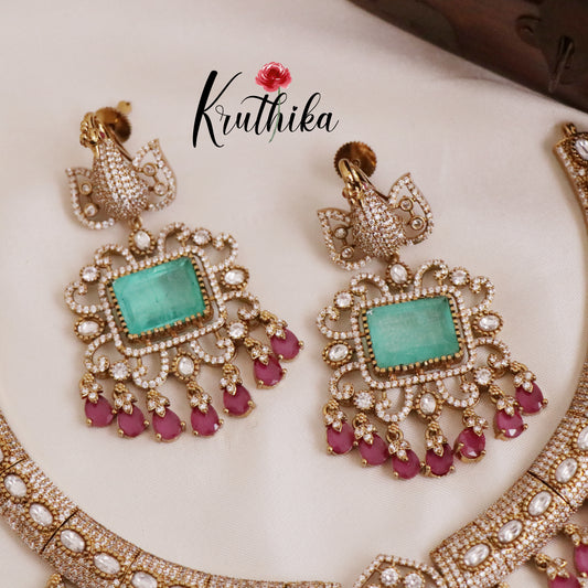 Beautiful CZ Emerald Victorian Pendant Hasli Necklace with Ruby Beads NC2328