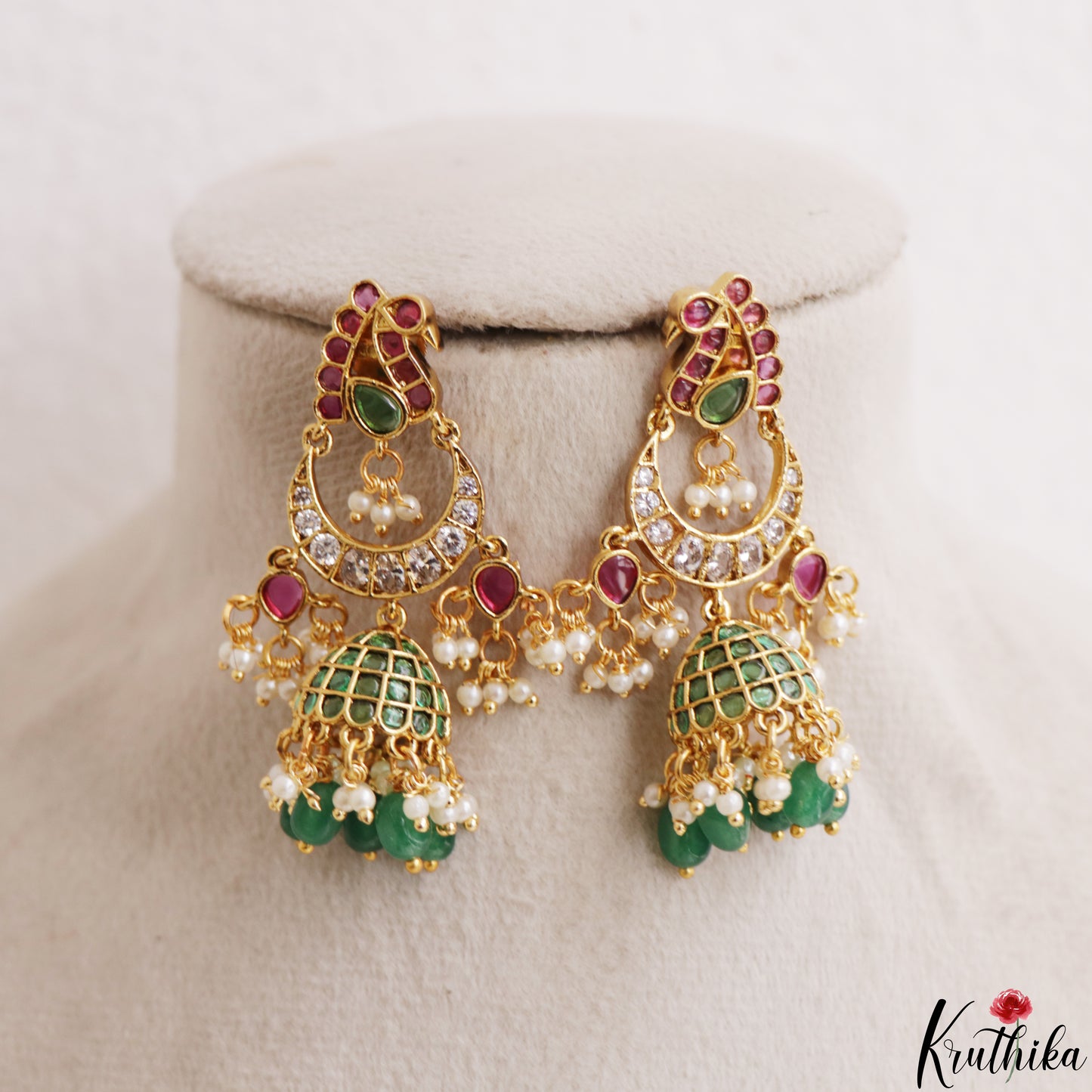 Beautiful Peacock Motifs Kemp Jhumkas With Green Bead Drops E1215