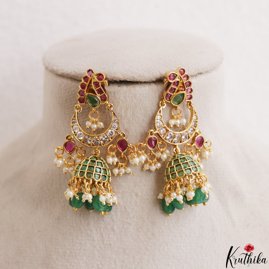Beautiful Peacock Motifs Kemp Jhumkas With Green Bead Drops E1215