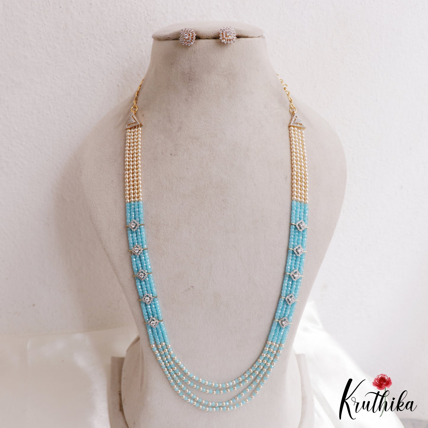 Trendy Multi Layered Crystal & Pearl Haaram With Floral Accents LH2129 (Available In 4 Colors)