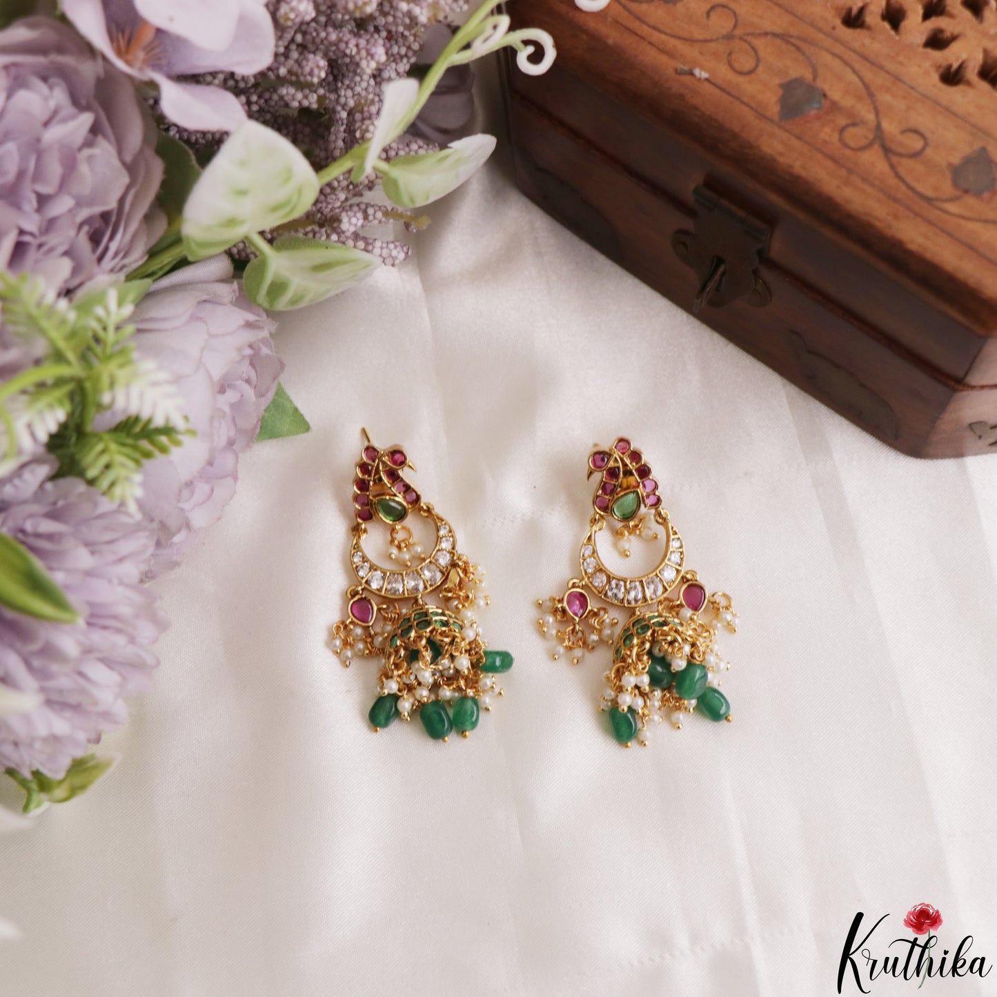 Beautiful Peacock Motifs Kemp Jhumkas With Green Bead Drops E1215