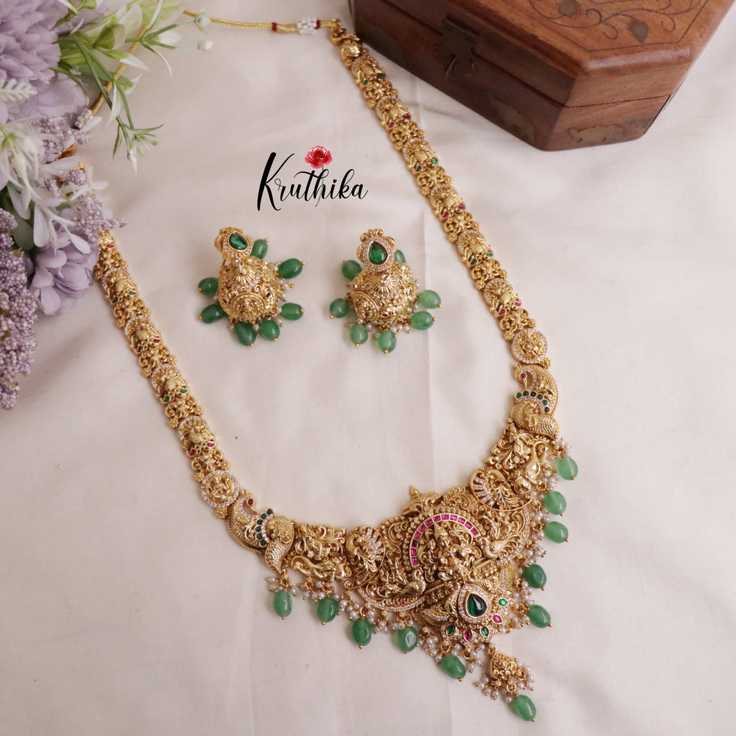 Grand Traditional Temple Lakshmi and Peacock Design Jadau Haaram LH1894 (Available in 2 Colours Beads)