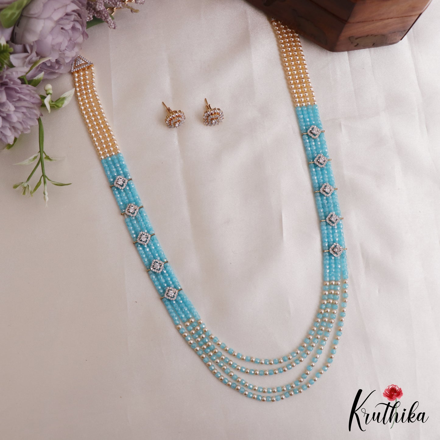 Trendy Multi Layered Crystal & Pearl Haaram With Floral Accents LH2129 (Available In 4 Colors)