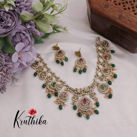 Simple Victorian Finish Kundan Necklace with Green Beads NC2368