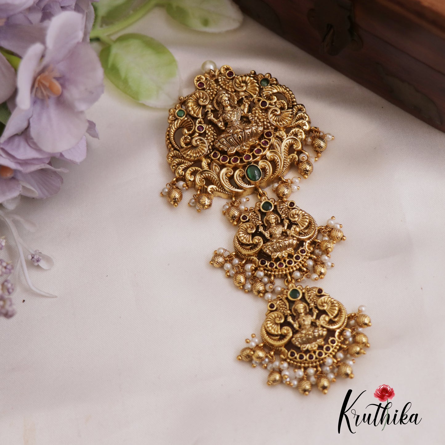 Traditional Antique Nagas Lakshmi Motifs Jada Billa With Golden Bead Drops J329