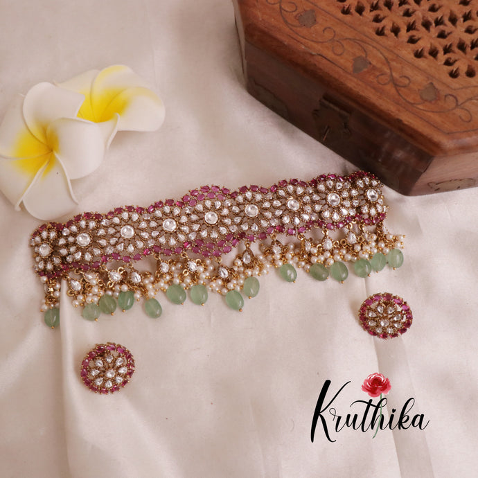 Royal Kempu Kundan Chocker with pastel green beads NC1923