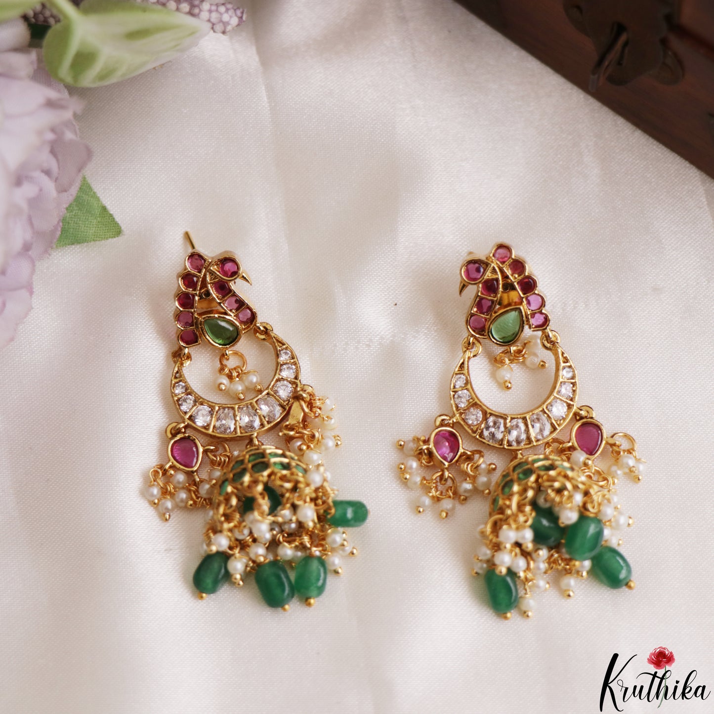Beautiful Peacock Motifs Kemp Jhumkas With Green Bead Drops E1215