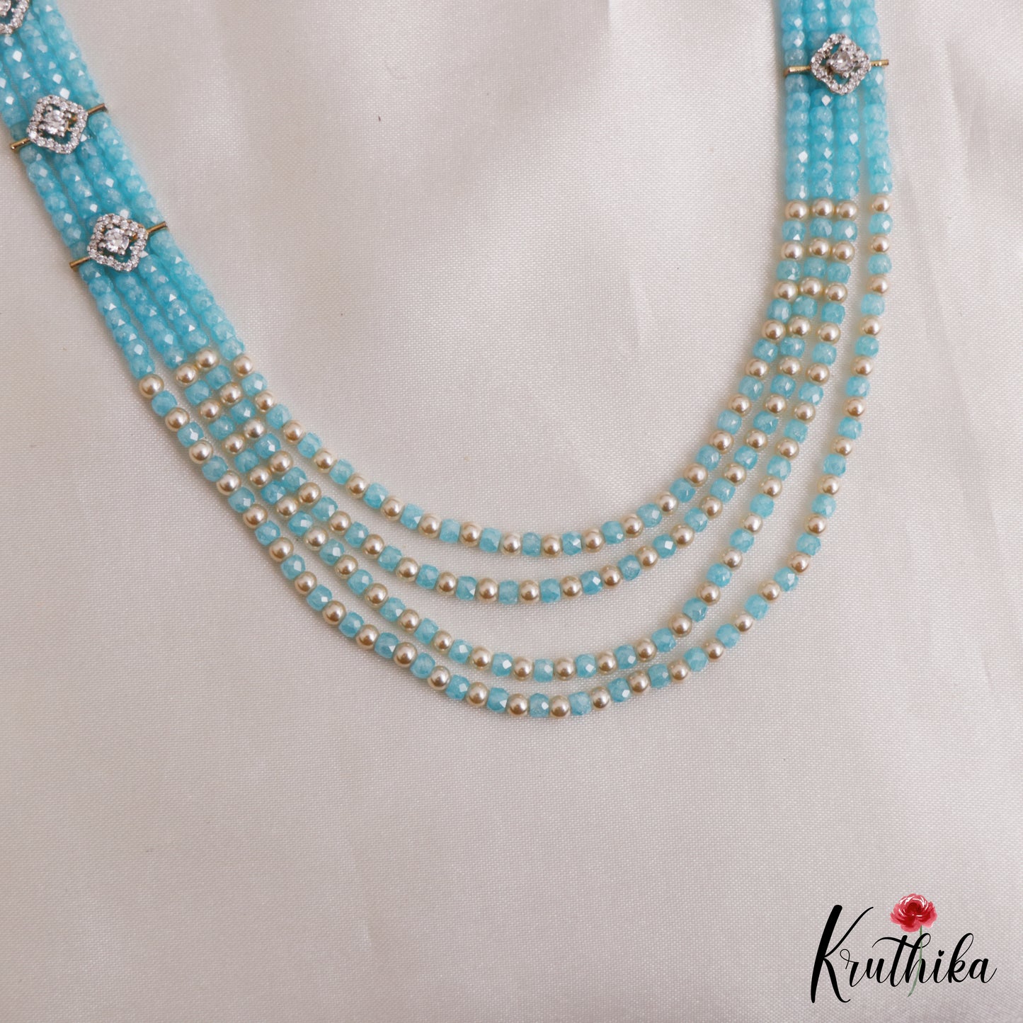 Trendy Multi Layered Crystal & Pearl Haaram With Floral Accents LH2129 (Available In 4 Colors)
