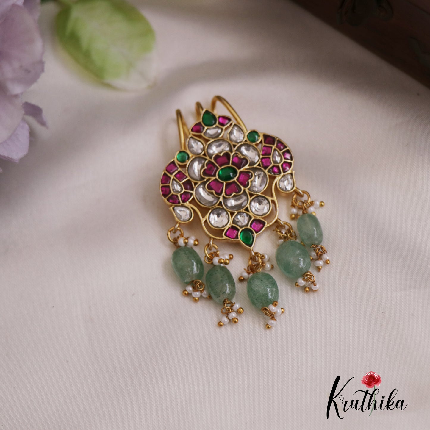Beautiful Floral Motifs Jadau Jada Billa With Green Bead Drops J330