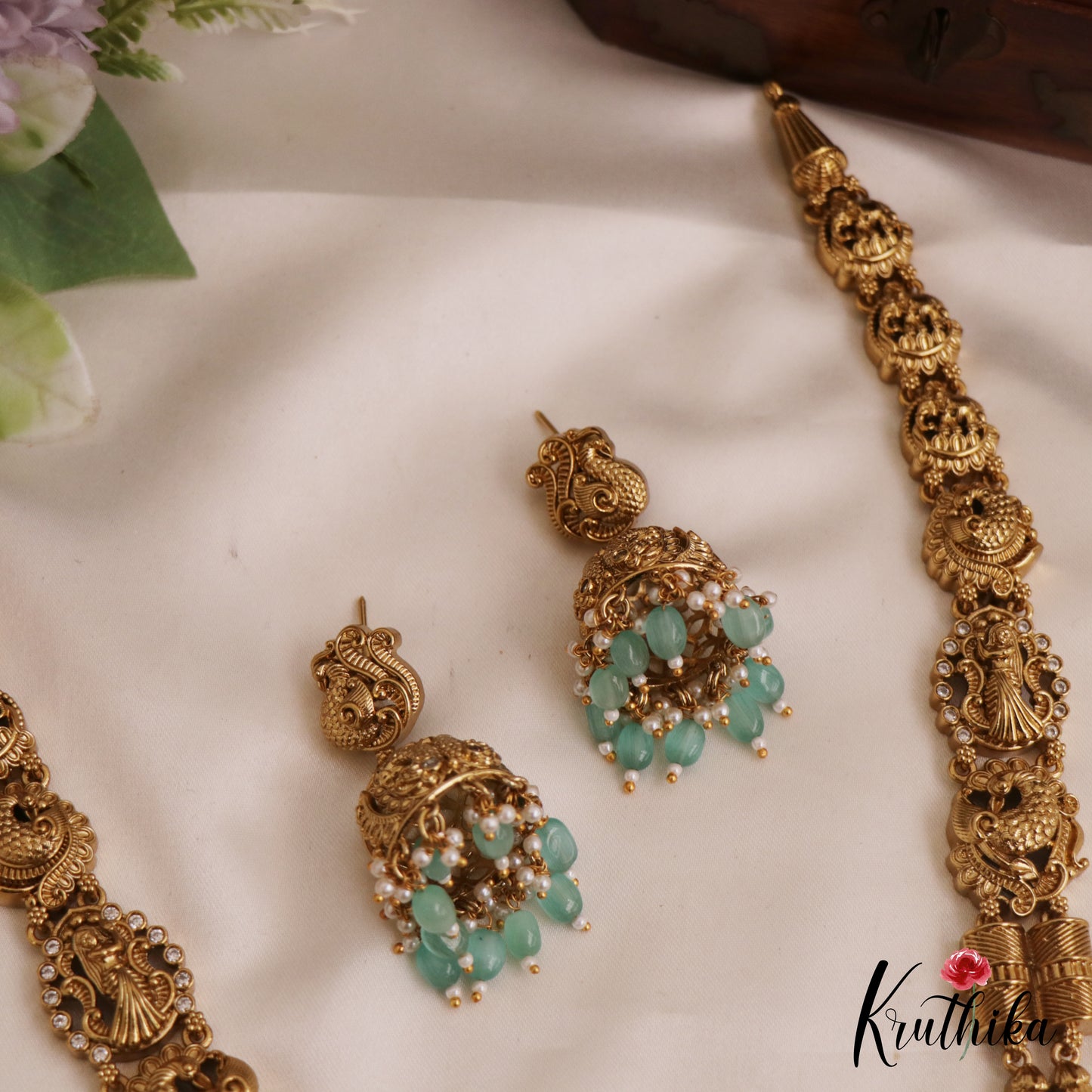 Gorgeous Antique Peacock Motifs Haaram With Bead Drops LH2055 (Available In 3 Colors)