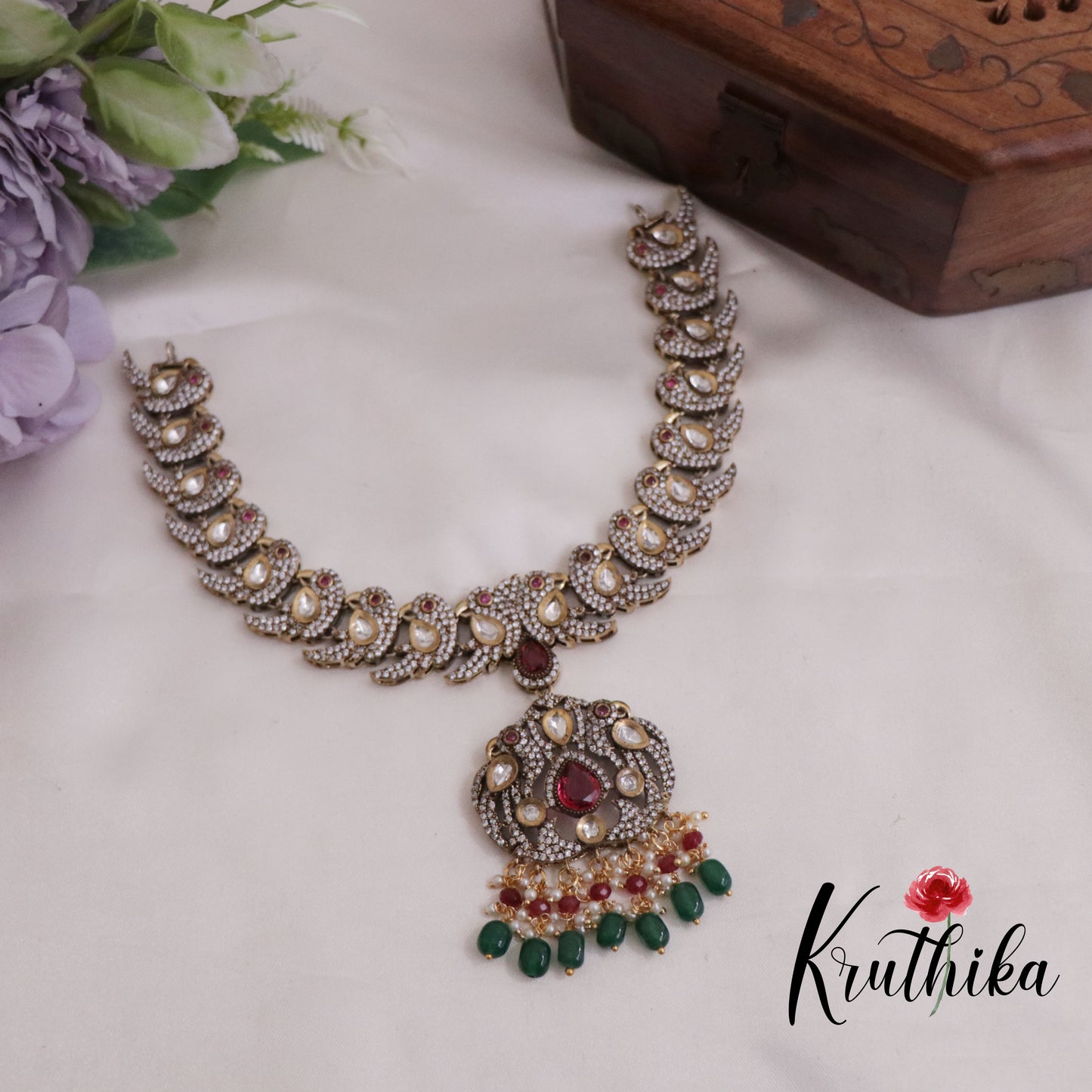 Beautiful Antique Victorian Kundan Necklace Parrot Necklace with Beads Drops NC2365