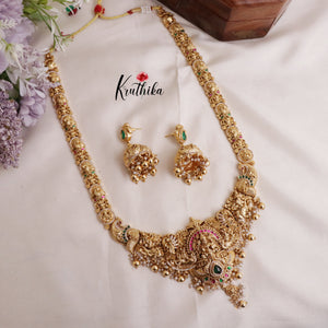 Grand Traditional Temple Lakshmi and Peacock Design Jadau Haaram LH1894 (Available in 2 Colours Beads)