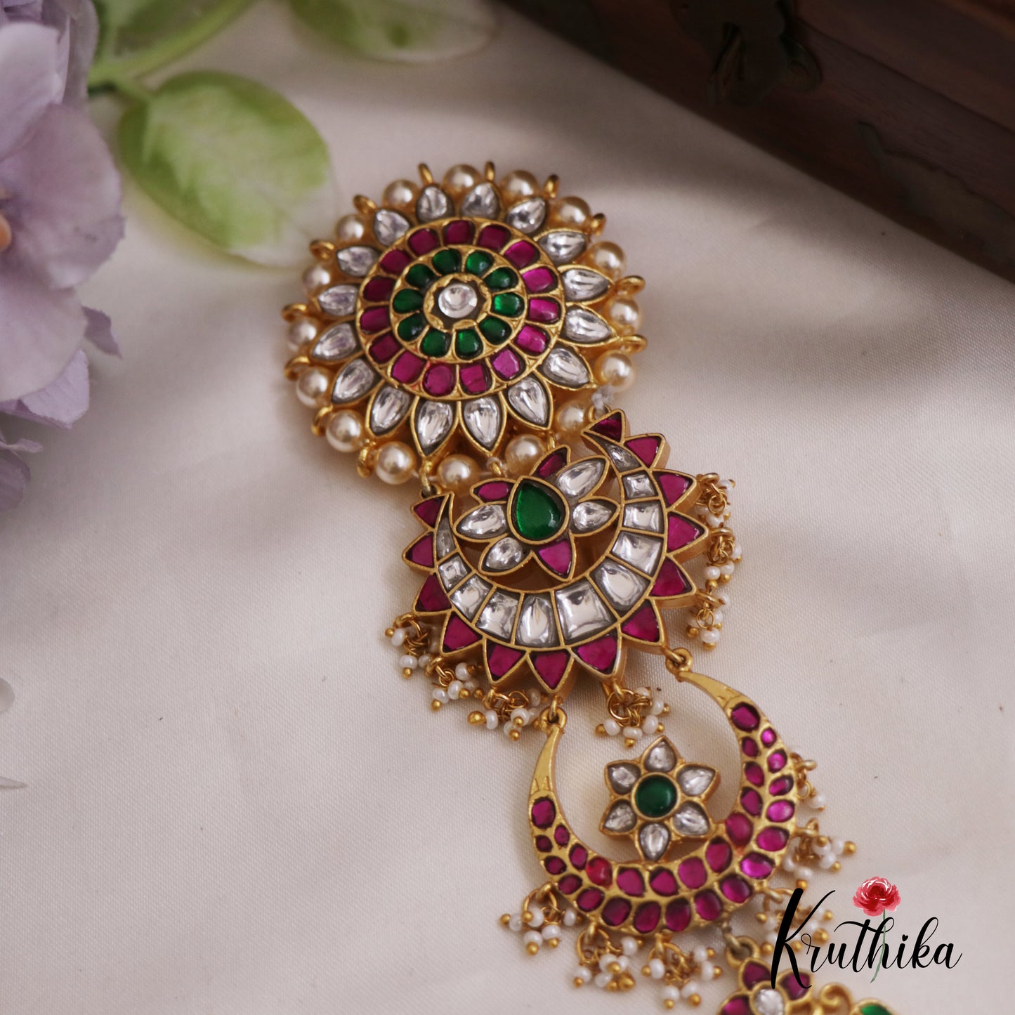 Classic Floral Jadau Jada Billa With Green Bead Drops J331