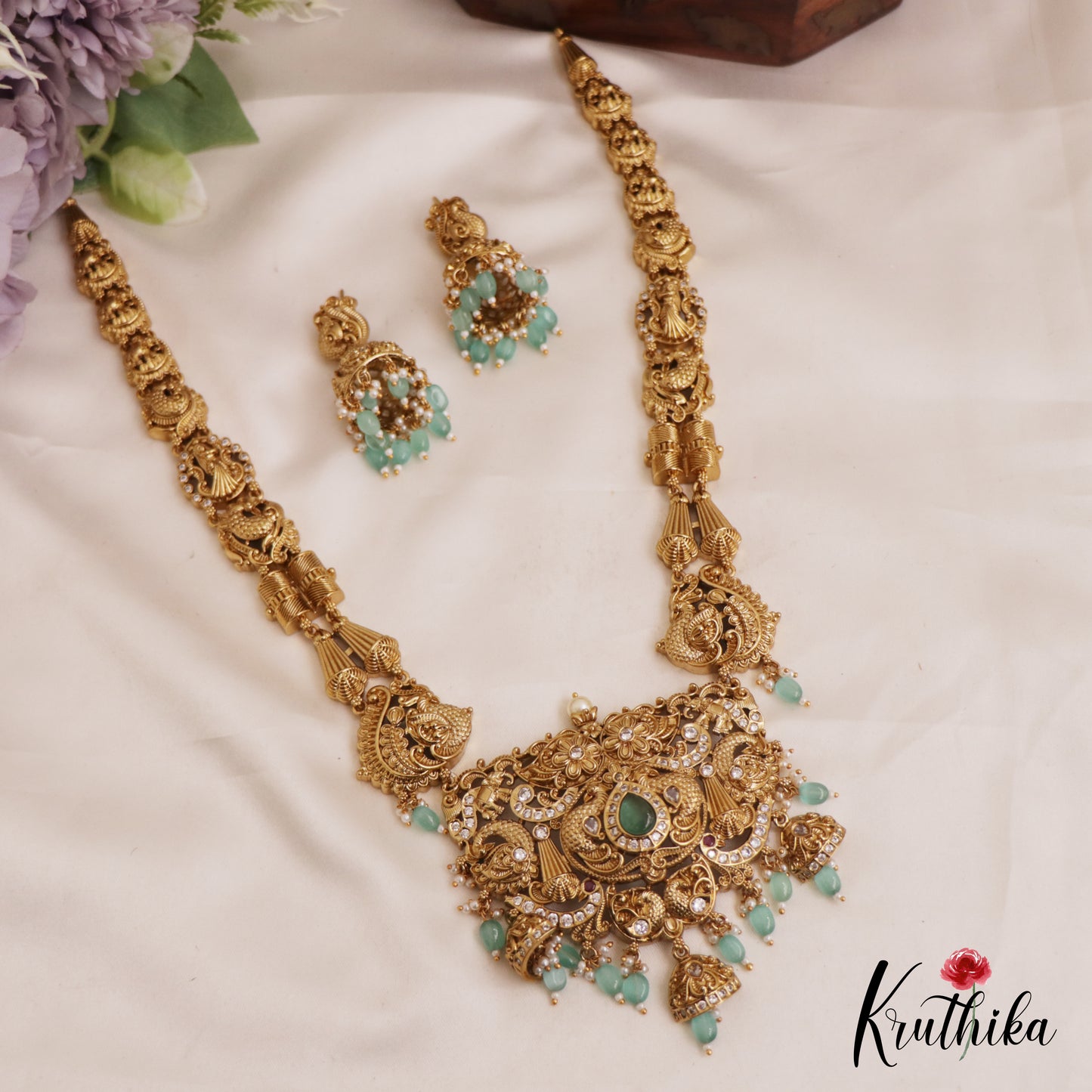 Gorgeous Antique Peacock Motifs Haaram With Bead Drops LH2055 (Available In 3 Colors)