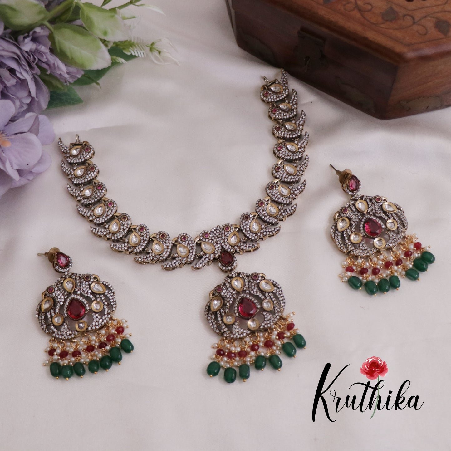 Beautiful Antique Victorian Kundan Necklace Parrot Necklace with Beads Drops NC2365
