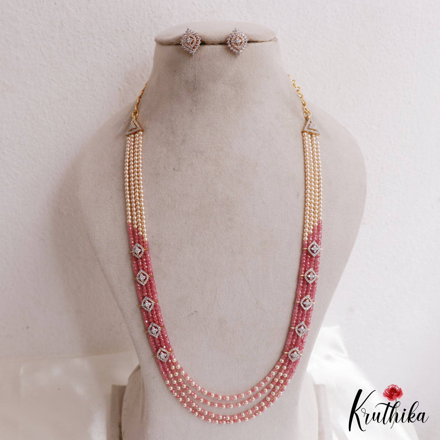 Classic Multi Layered Crystal & Pearl Haaram With Floral Accents LH2128 (Available In 8 Colors)