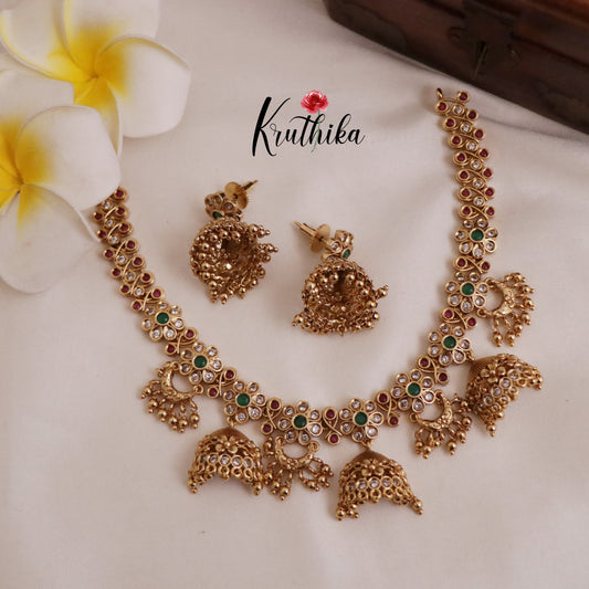 Beautiful AD Multi Stone Jhumka Pendants Floral necklace NC2054