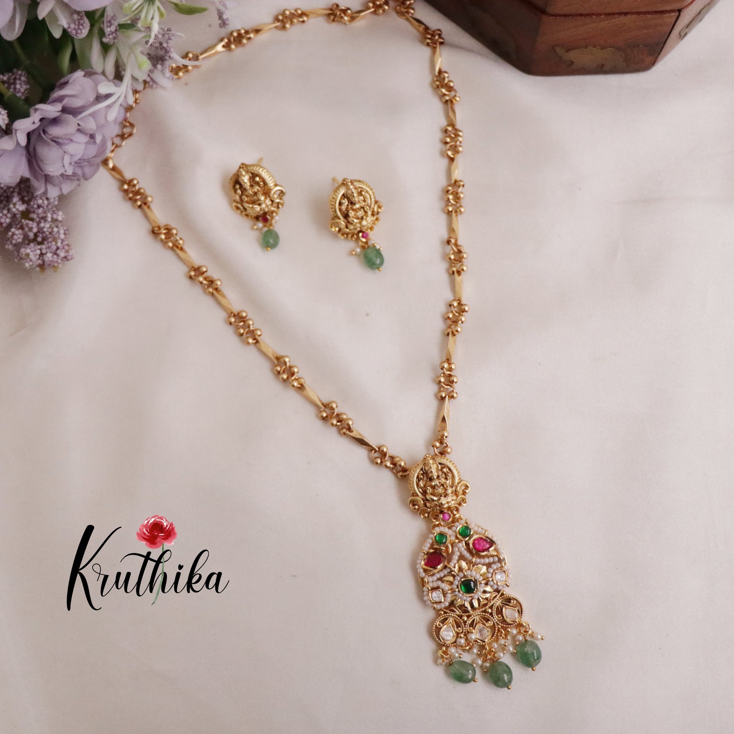 Elegant Temple Lakshmi Jadau Necklace with Pastel Green Beads NC2075