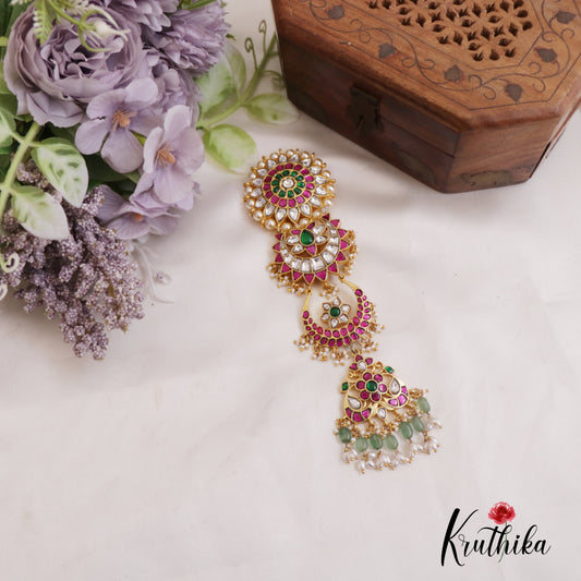 Classic Floral Jadau Jada Billa With Green Bead Drops J331
