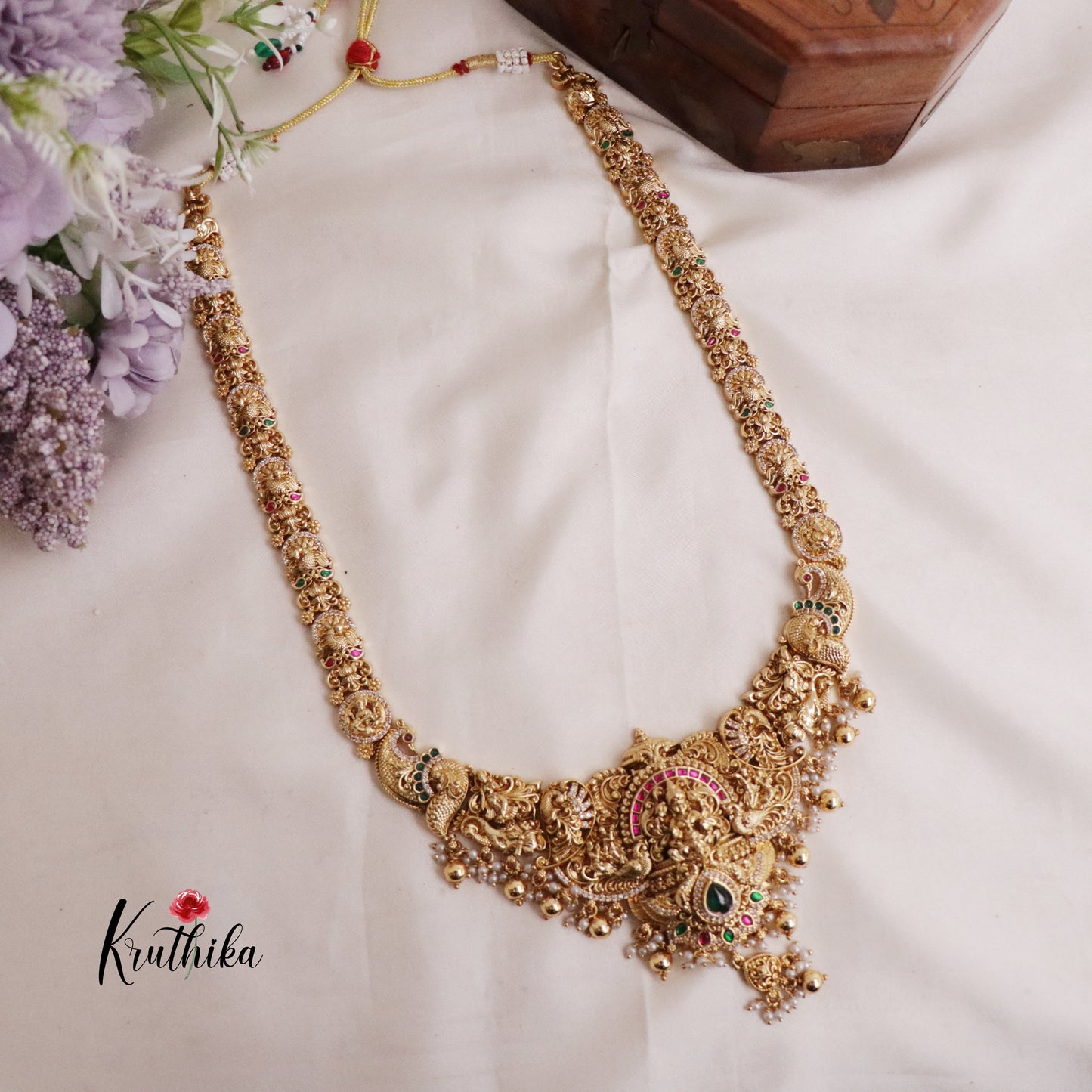 Grand Traditional Temple Lakshmi and Peacock Design Jadau Haaram LH1894 (Available in 2 Colours Beads)