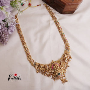 Grand Traditional Temple Lakshmi and Peacock Design Jadau Haaram LH1894 (Available in 2 Colours Beads)