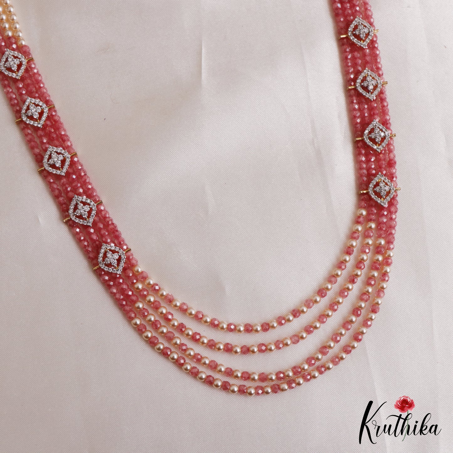 Classic Multi Layered Crystal & Pearl Haaram With Floral Accents LH2128 (Available In 8 Colors)