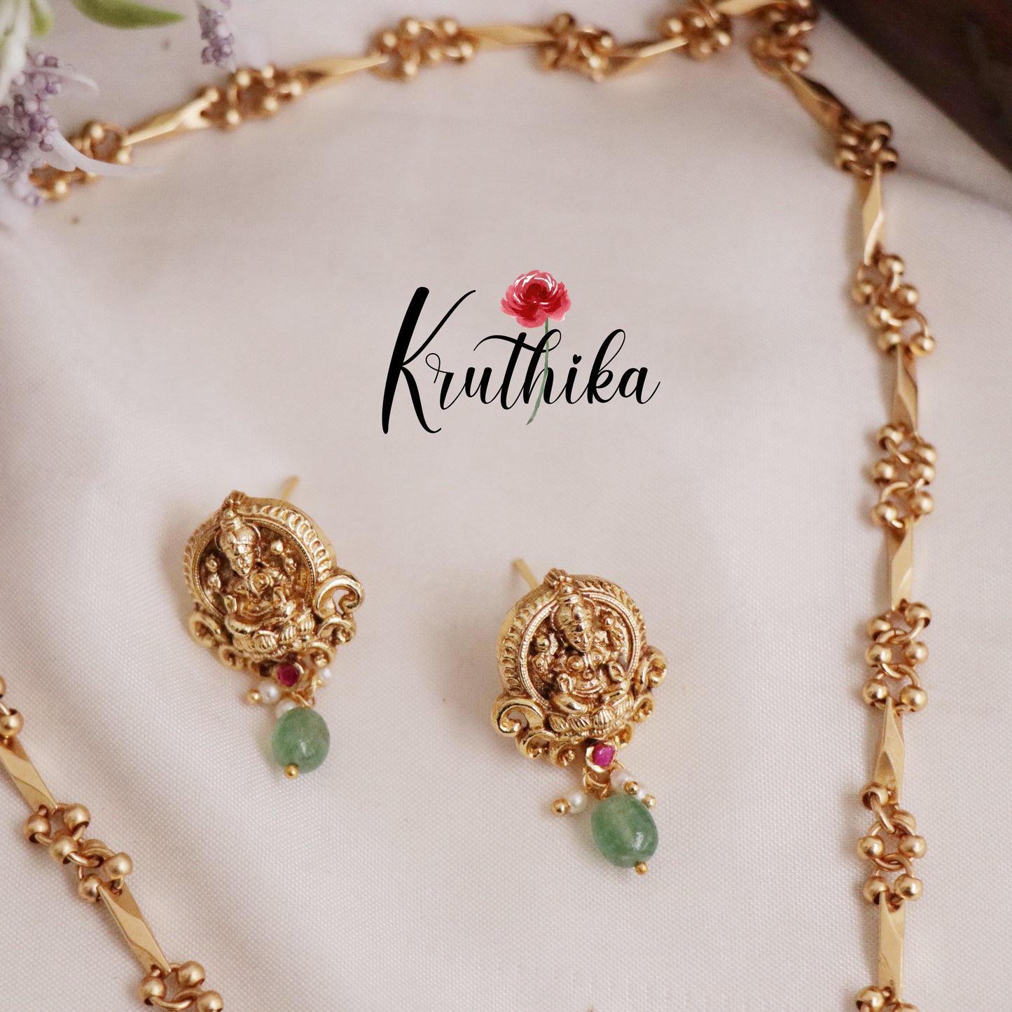 Elegant Temple Lakshmi Jadau Necklace with Pastel Green Beads NC2075