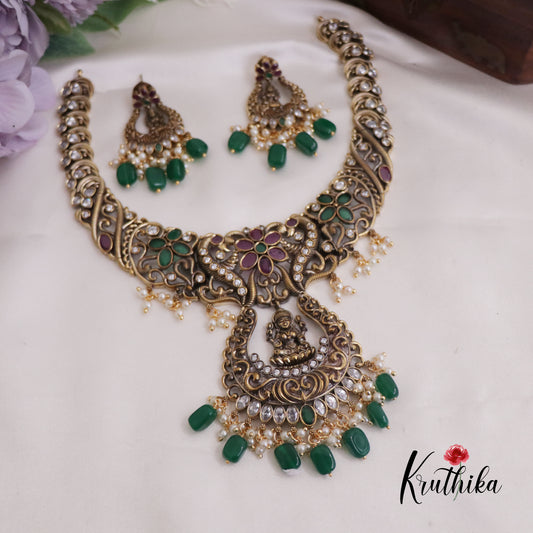 Royal Antique Victorian Kundan Lakshmi Pendant Necklace with Green Beads Drops NC2340