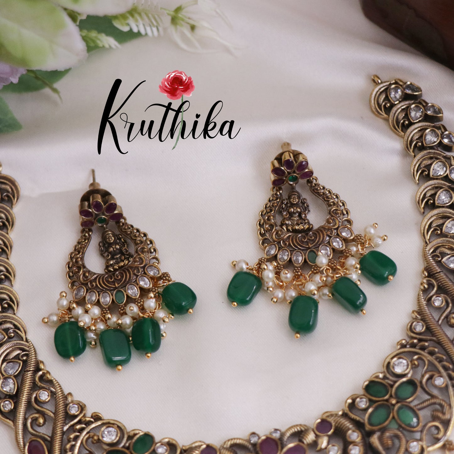 Royal Bridal Temple Lakshmi Pendant Necklace with Green Beads Drops NC2340