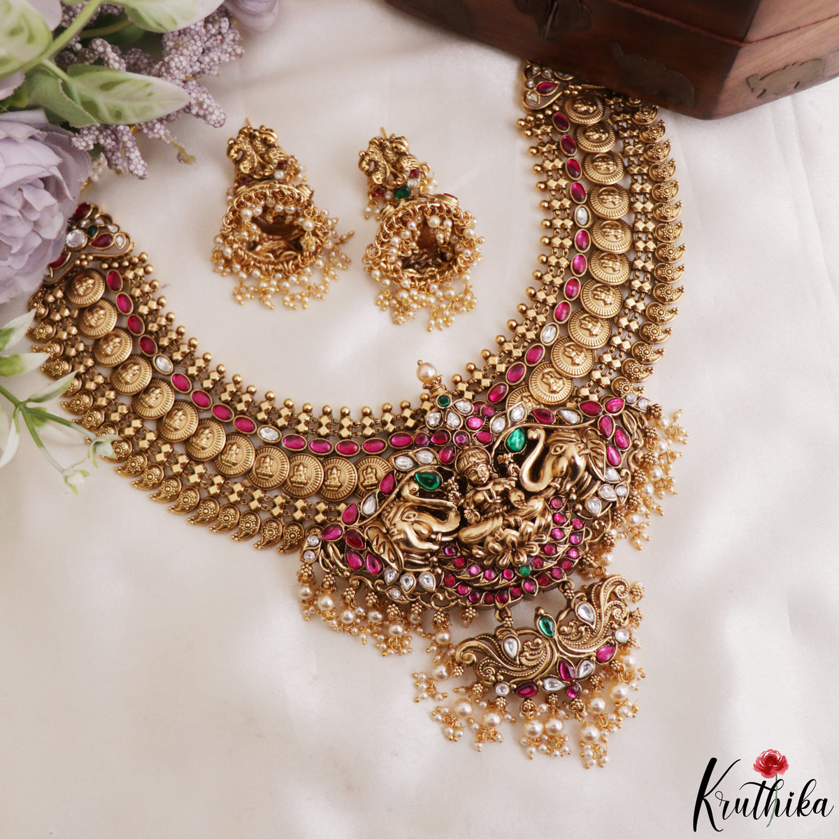 Royal Bridal 4 in 1 changeable antique kasu necklace with three changeable Jadau pendants NC2225