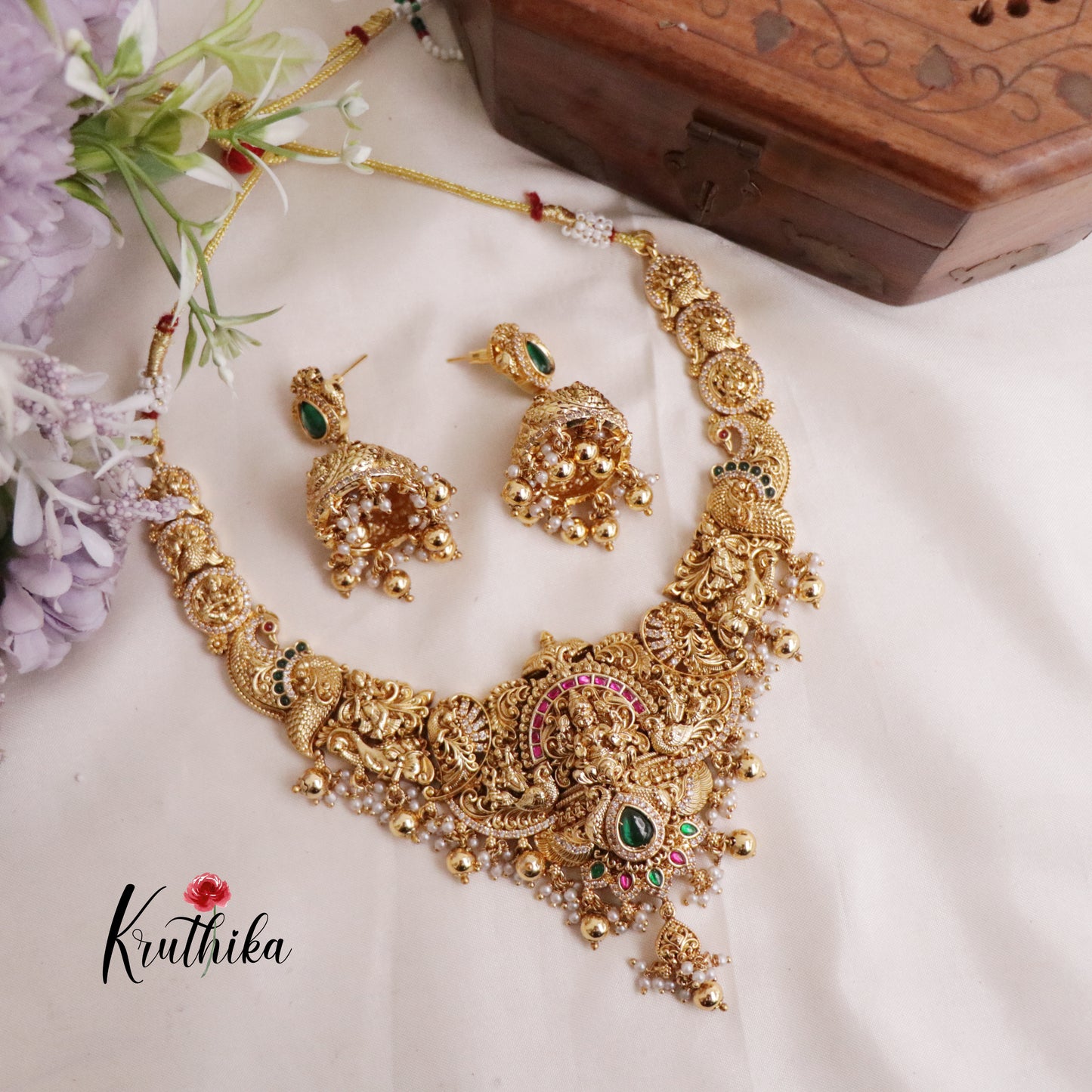 Grand Traditional Temple Lakshmi and Peacock Design Jadau Necklace NC2036 (Available in 2 Colours Beads)