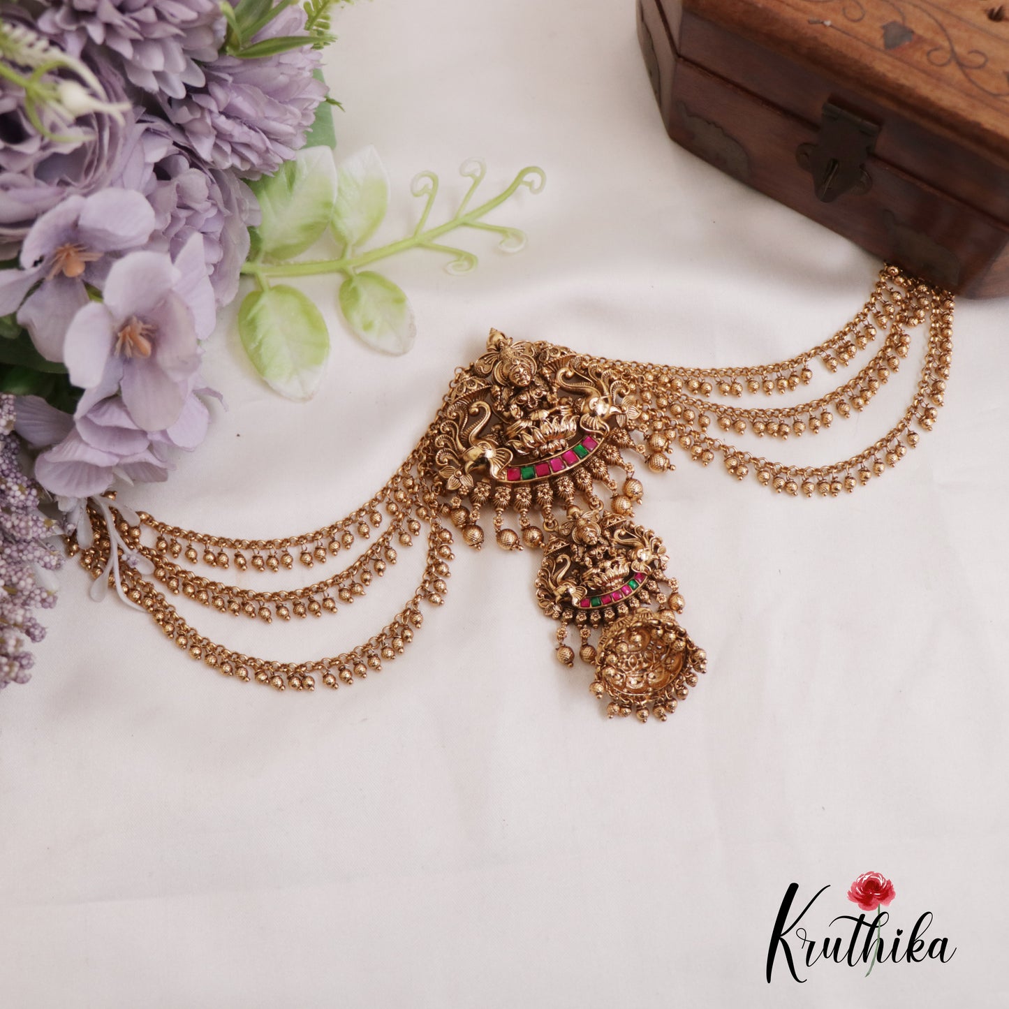Stunning Nagas Lakshmi Jhumka Jadau Jada Billa With Triple Strand Bead Chains J333 (Available In 2 Colors)