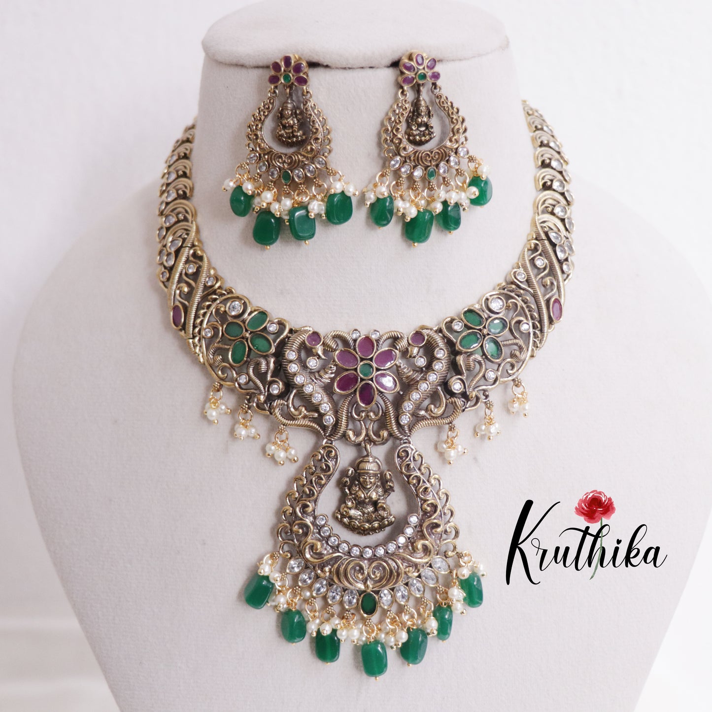 Royal Bridal Temple Lakshmi Pendant Necklace with Green Beads Drops NC2340