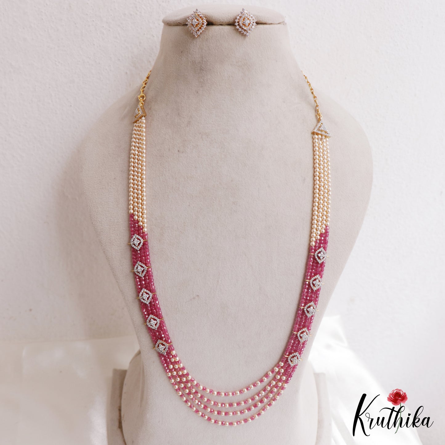 Classic Multi Layered Crystal & Pearl Haaram With Floral Accents LH2128 (Available In 8 Colors)