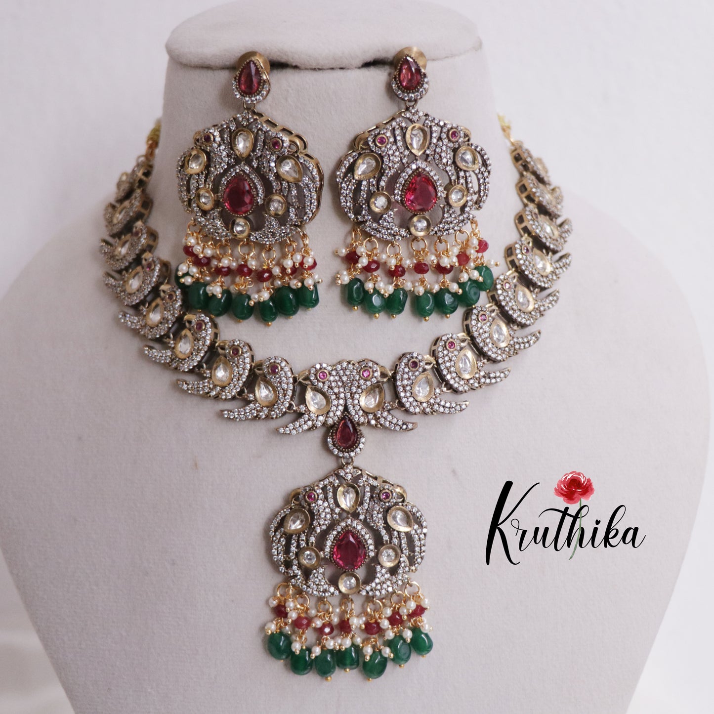 Beautiful Antique Victorian Kundan Necklace Parrot Necklace with Beads Drops NC2365