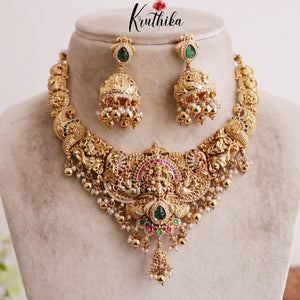 Grand Traditional Temple Lakshmi and Peacock Design Jadau Necklace NC2016 (Available in 2 Colours Beads)