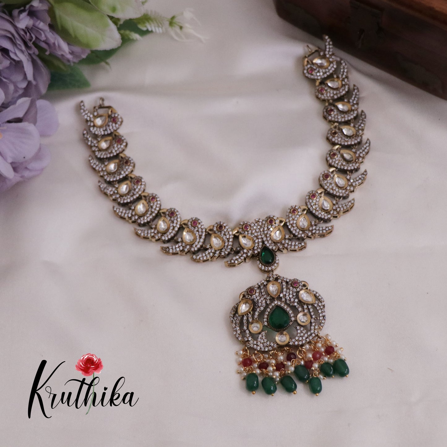 Beautiful Antique Victorian Kundan Necklace Parrot Necklace with Beads Drops NC2365